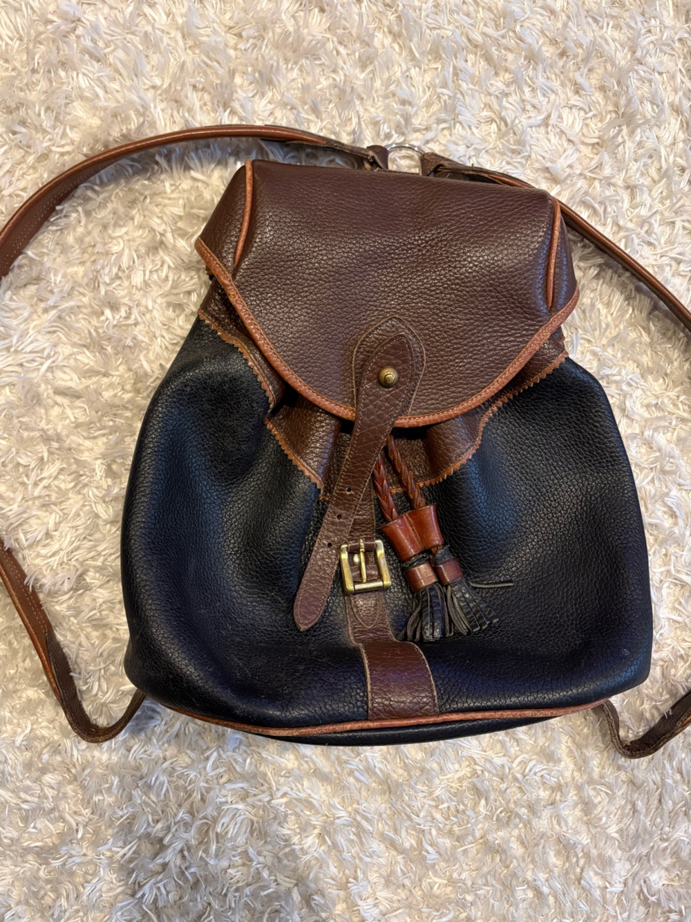 Dooney & Bourke Black Backpack Vintage Pebbled Leather Tote Brown Trim Tassel